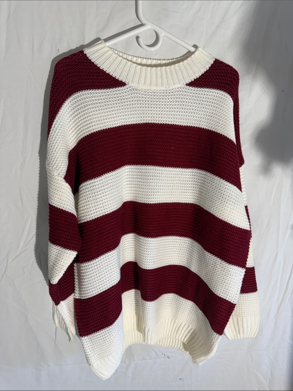 Vine & Love Maroon and White Striped Crewneck Sweater